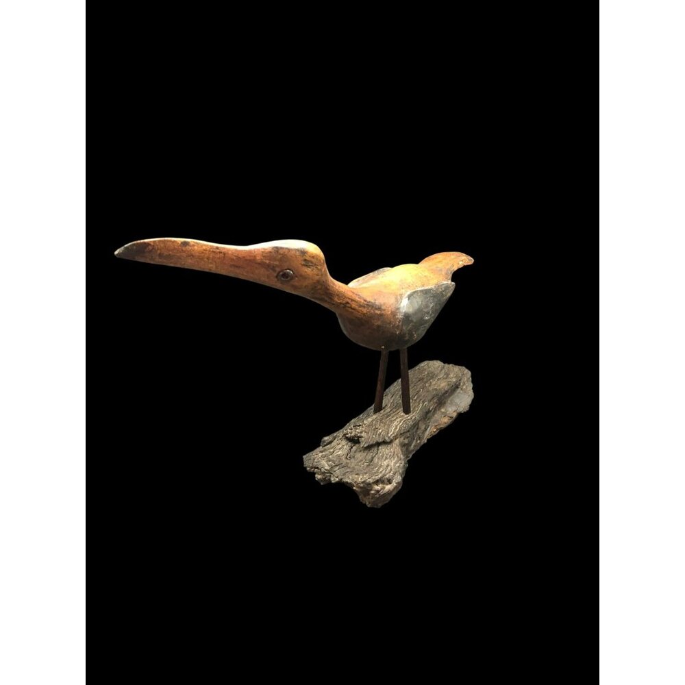 Hand-Carved Wooden Shore Bird With Turned Head On Rustic Driftwood Base 14"x8.5" - Picture 3 of 6